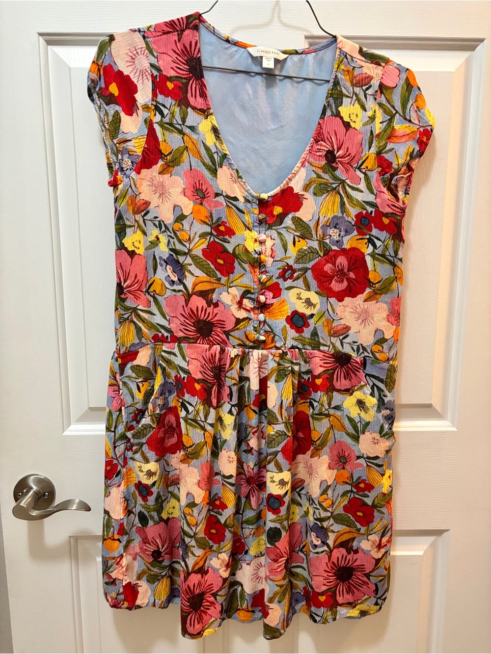 Garnet Hill Colorful Floral V-Neck Button Front Dress Small EUC
